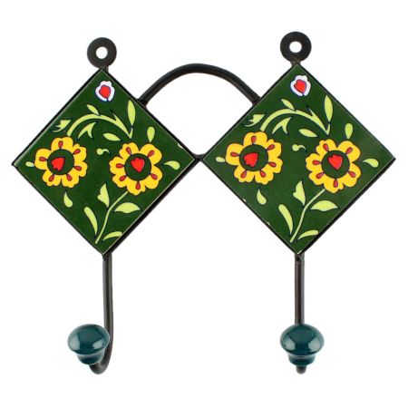 Forest Green Floral Ceramic Tile Hook